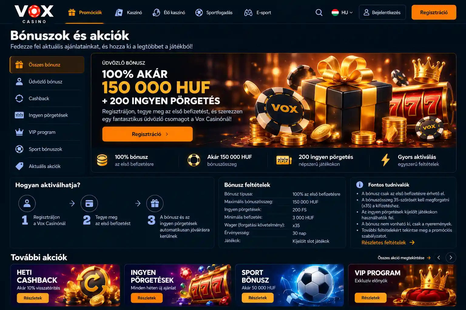 Vox Casino bónusz oldal – 100% akár 150 000 HUF + 200 ingyenes pörgetés