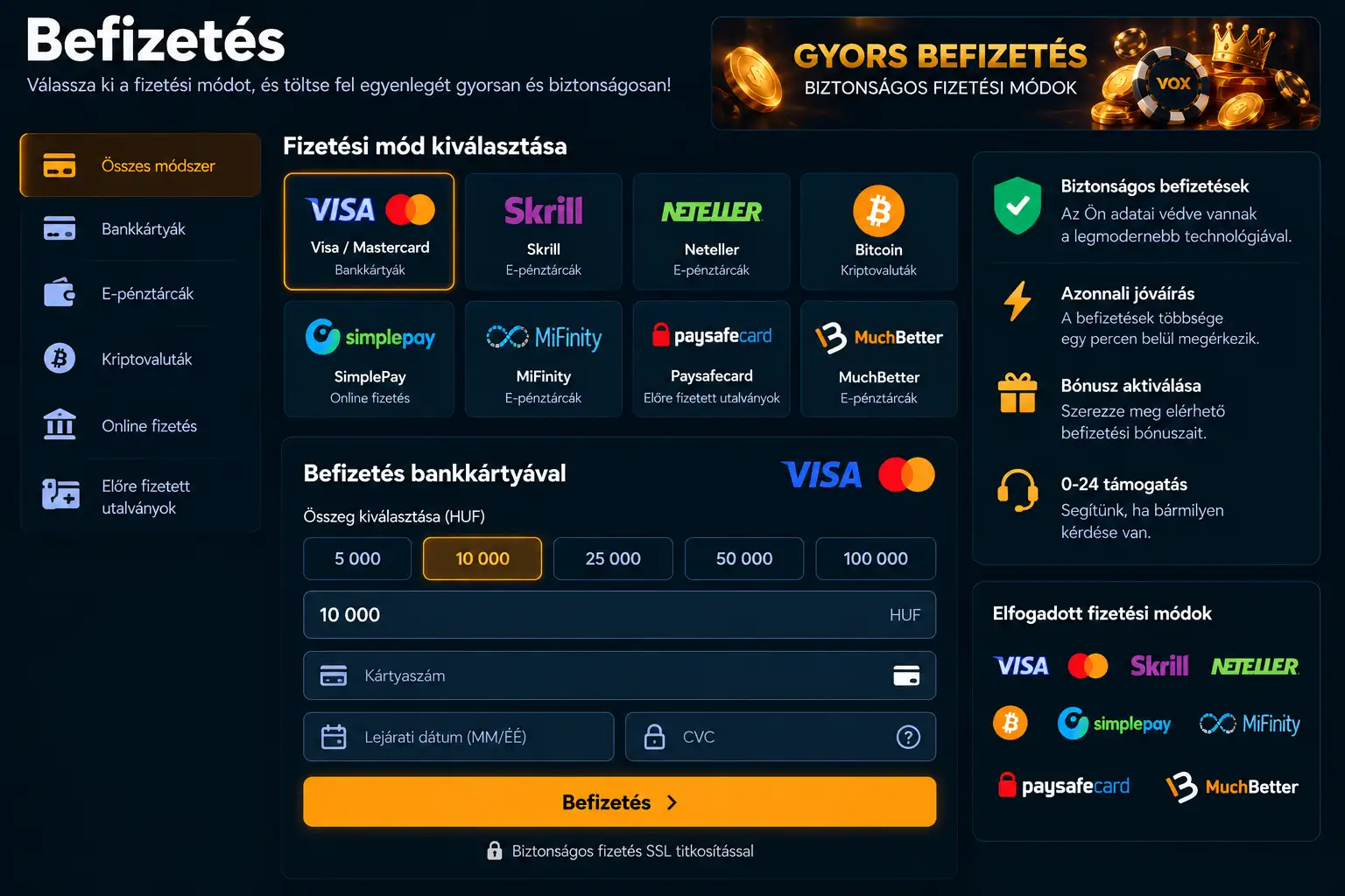 Vox Casino befizetési oldal – Visa, Skrill, Neteller, SimplePay, Bitcoin és egyéb fizetési módok
