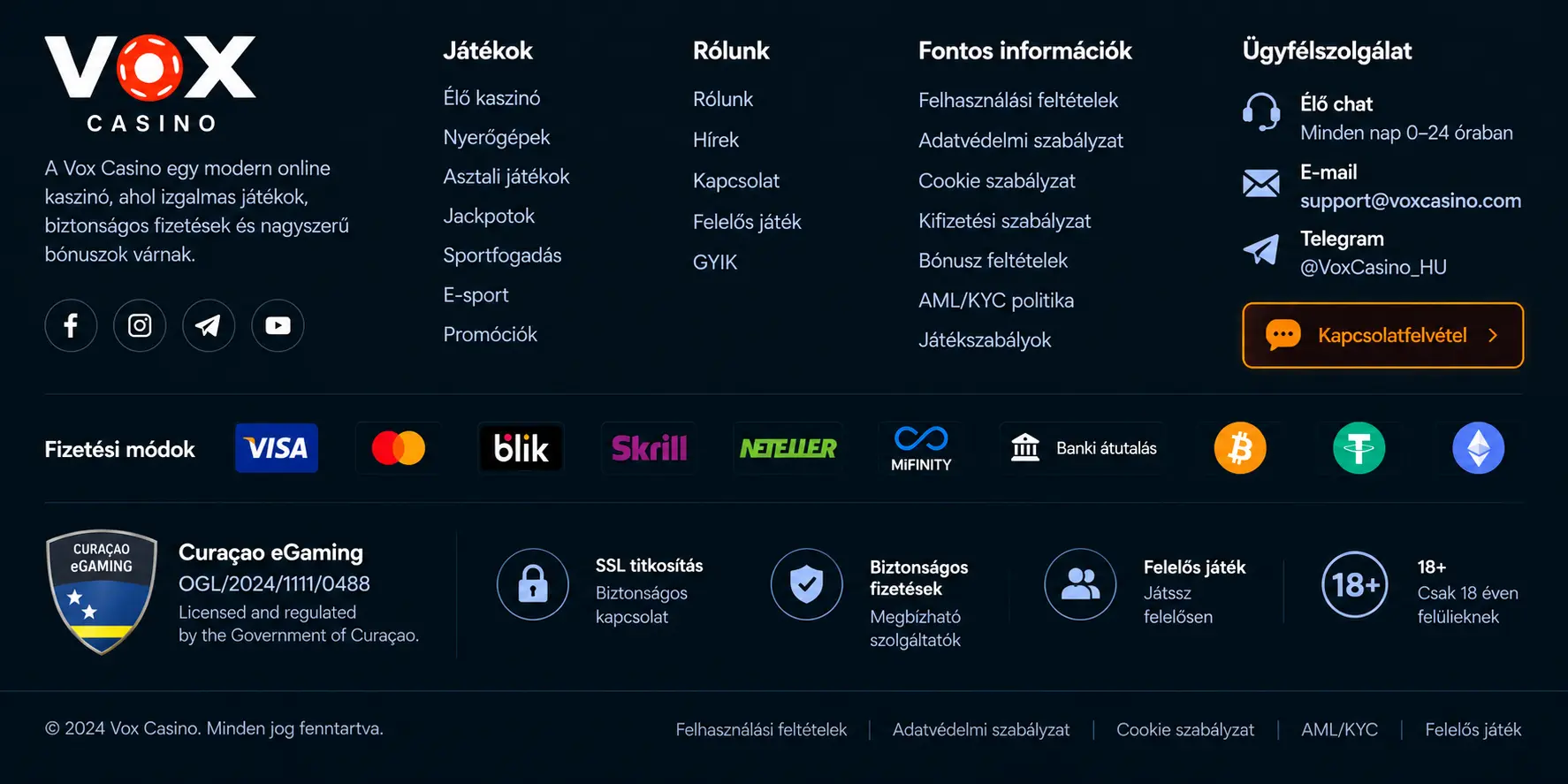 Vox Casino – Curaçao licenc és biztonsági tanúsítványok