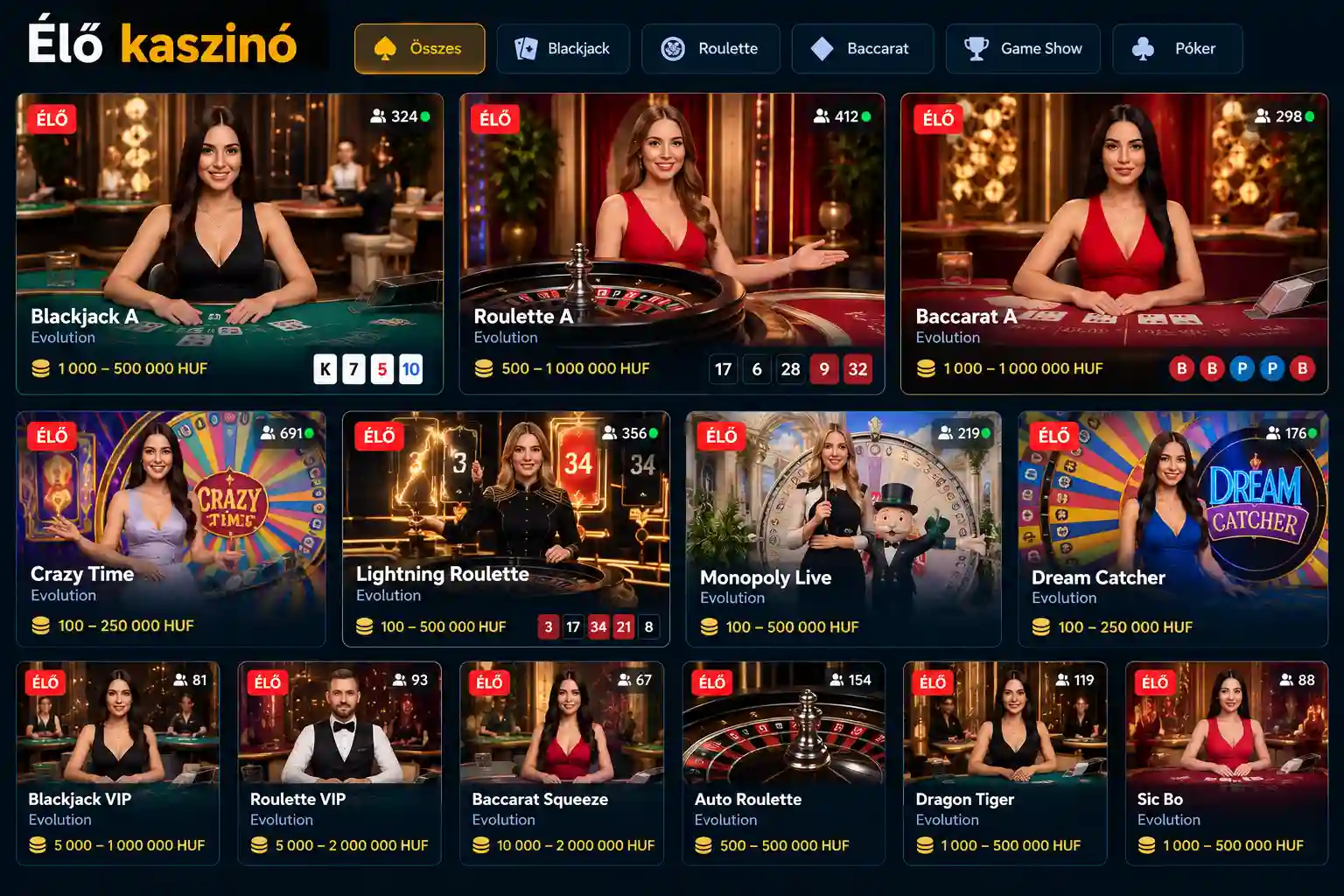 Vox Casino élő kaszinó szekció – valódi osztókkal működő Evolution asztalok