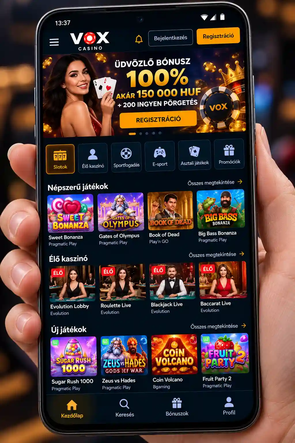 Vox Casino mobilalkalmazás főképernyője Android eszközön