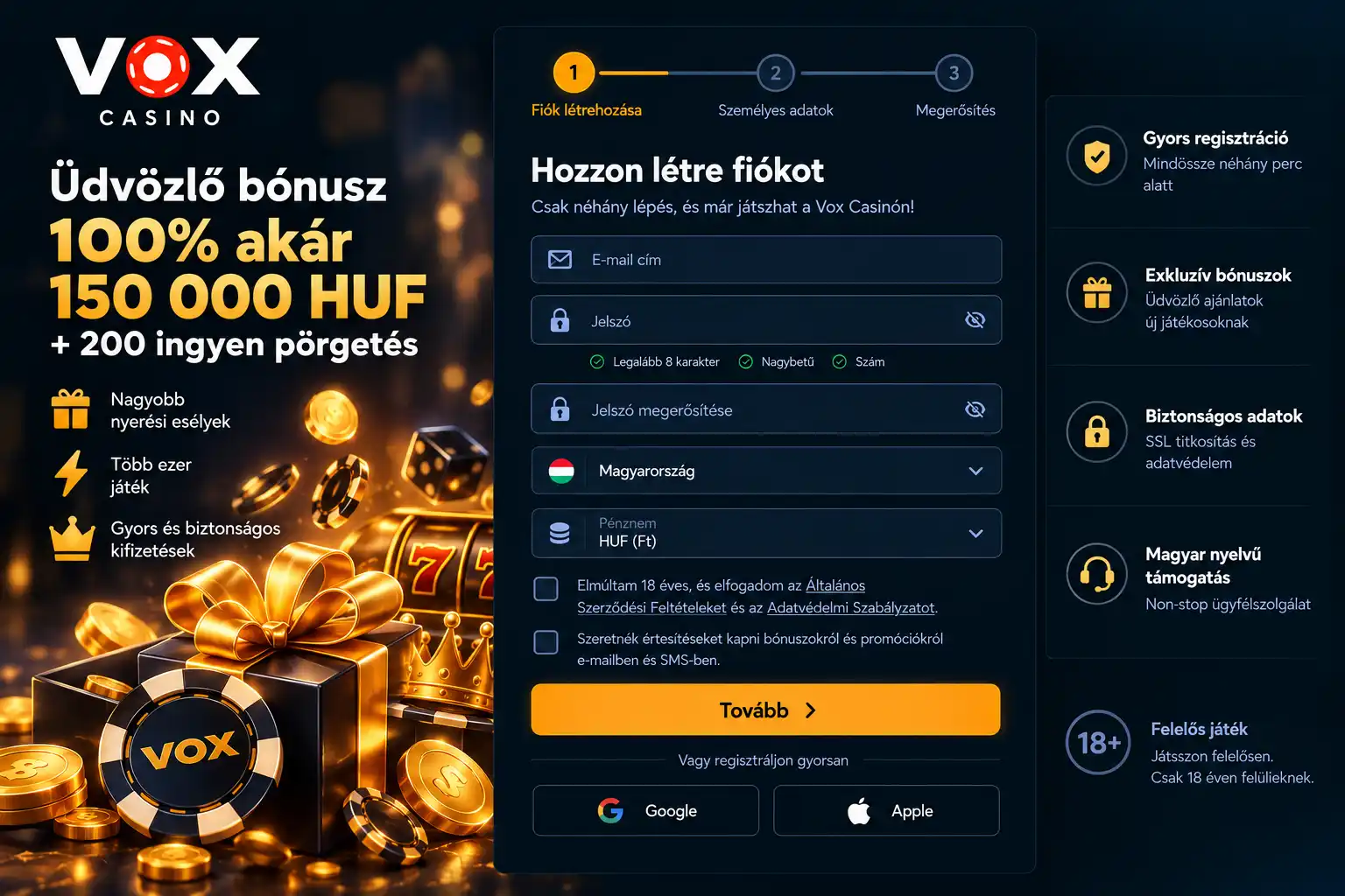 Vox Casino regisztrációs oldal – fiók létrehozása lépésről lépésre