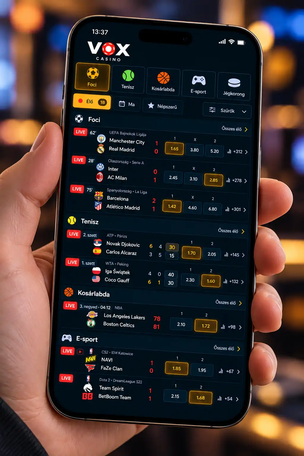 Vox Casino sportfogadási szekció mobilon – live meccsek és koefficiensek